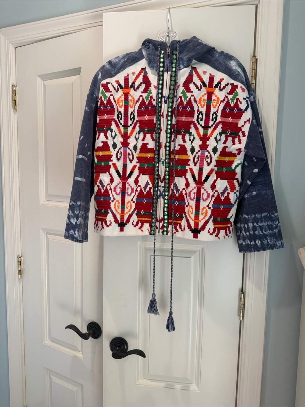 Embroidered Multicolor Bomber Jacket with Navy Tie-Dye Sleeves